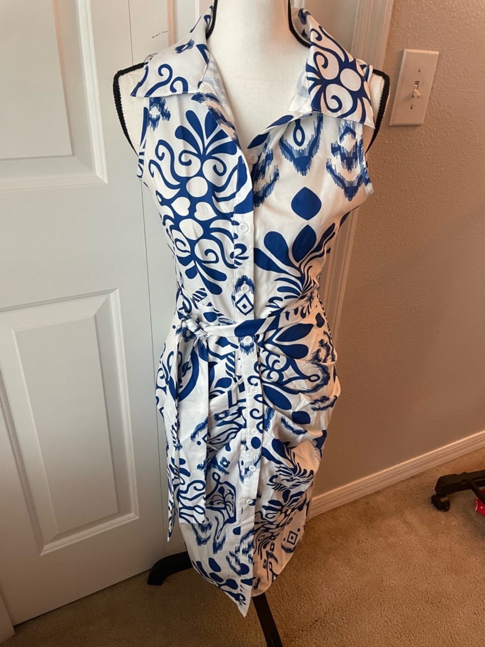 Sleeveless Blue & White Printed Shirt Dress